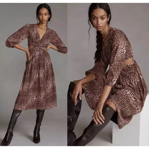 Anthropologie Ranna Gill Leopard Print Cut Out Midi Dress - Picture 1 of 15